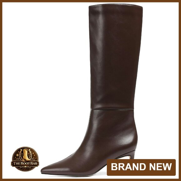 Knee High Boots Pointed Toe Kitten Heel Wide Calf Slip On Dress Boots